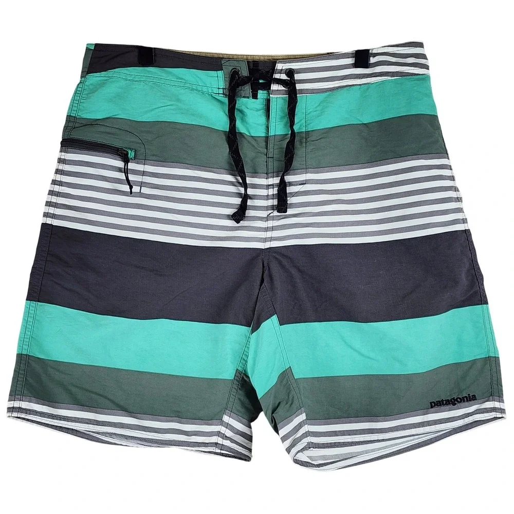 Patagonia Scallop Hem Board Shorts Mens 32 Teal Grey Striped Surf Swim Trunks‎